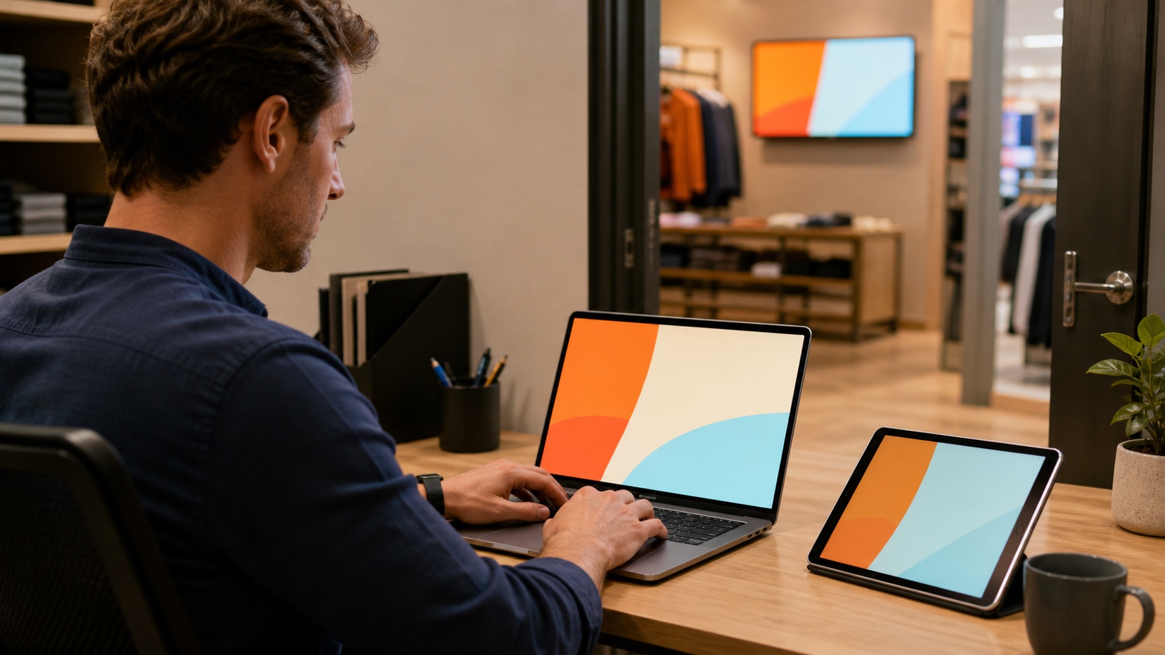 Gestor organizando a programação das telas pelo laptop, com a TV do estabelecimento ao fundo