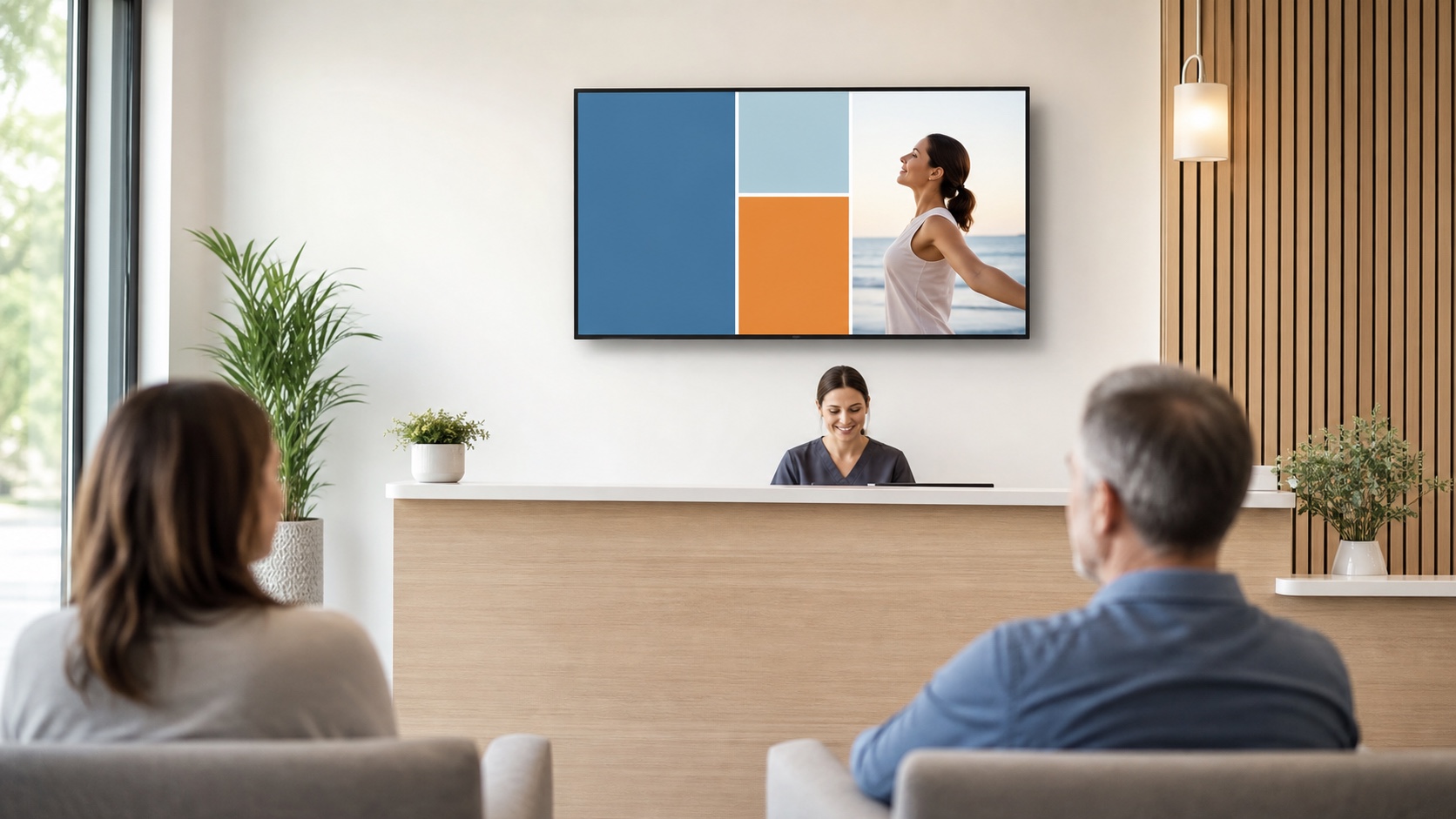 TV na recepção de uma clínica exibindo conteúdo informativo enquanto dois pacientes aguardam