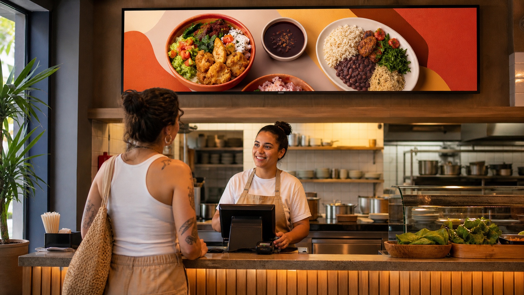Tela acima do balcão de um restaurante exibindo pratos do dia enquanto clientes fazem o pedido