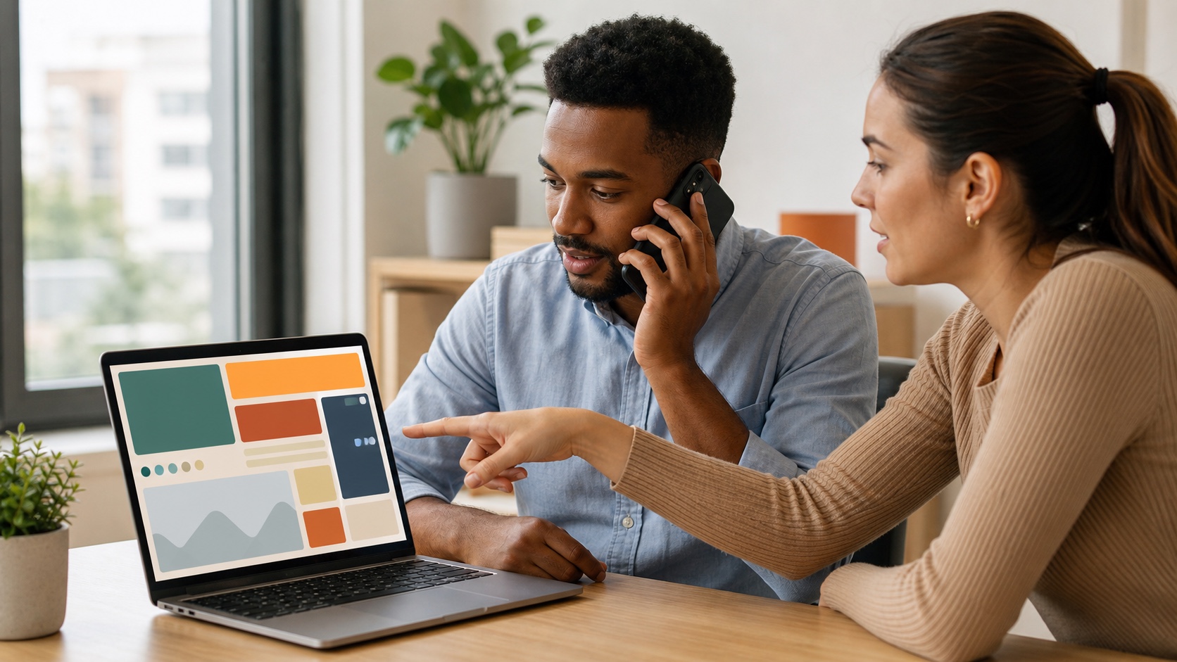 Duas pessoas de uma operação de mídia conversando ao telefone e olhando o painel em um notebook, em um escritório claro