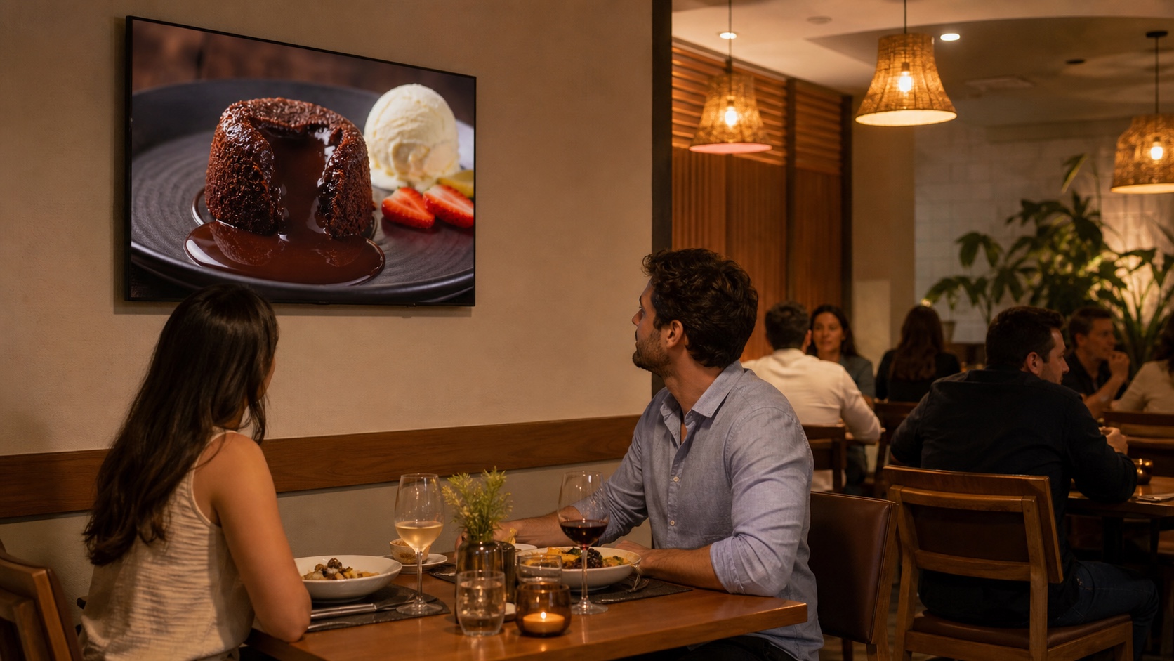 Casal sentado à mesa de um restaurante olhando uma TV que exibe uma sobremesa em destaque
