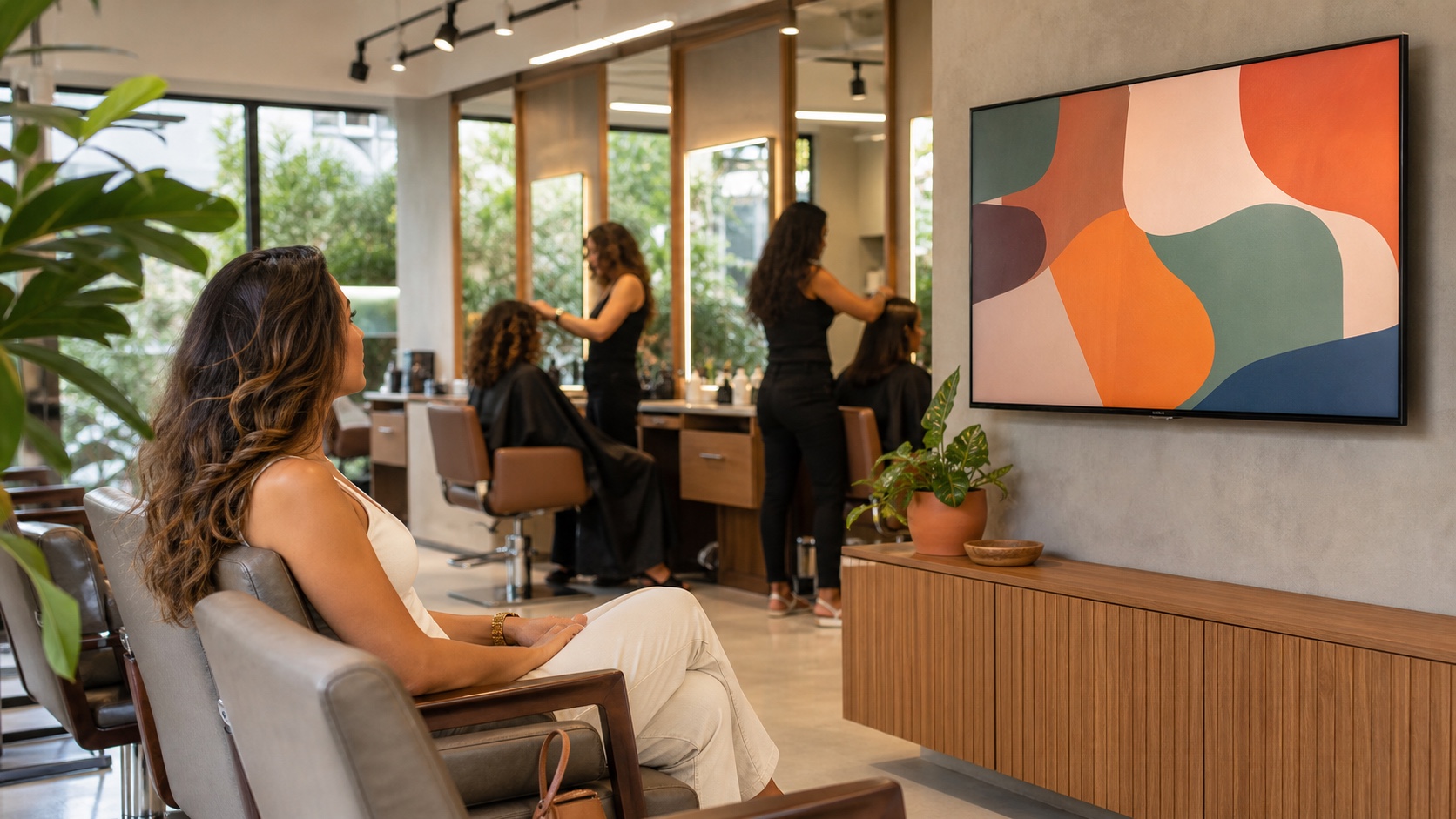 Cliente sentada na espera de um salão de beleza olhando uma TV na parede que exibe serviços da casa